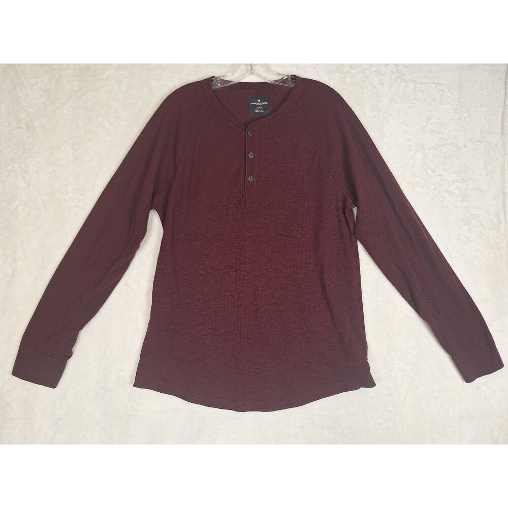 American Eagle Men's L Henley Shirt Maroon Red Long Sleeve Thermal Logo Preppy